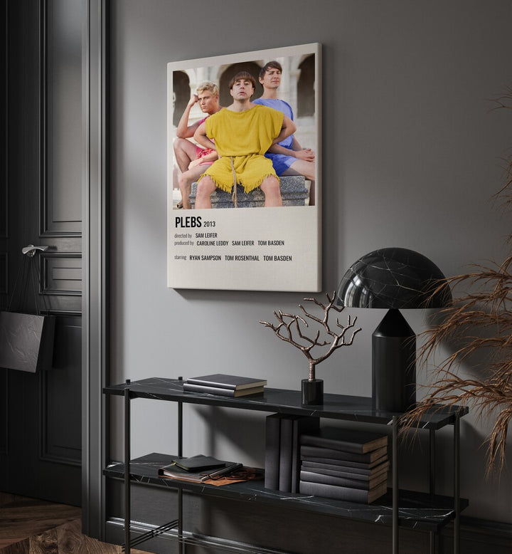 Plebs 2013 Movie Posters in Gallery Wrap hanging on wall above console table beside door and window