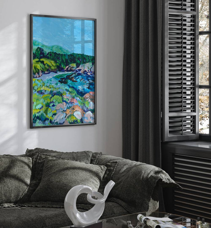 Point Lobos By Key And Sea Creative Landscape Room Art in Black Plain Frame behind a sofa on a white wall beside a window