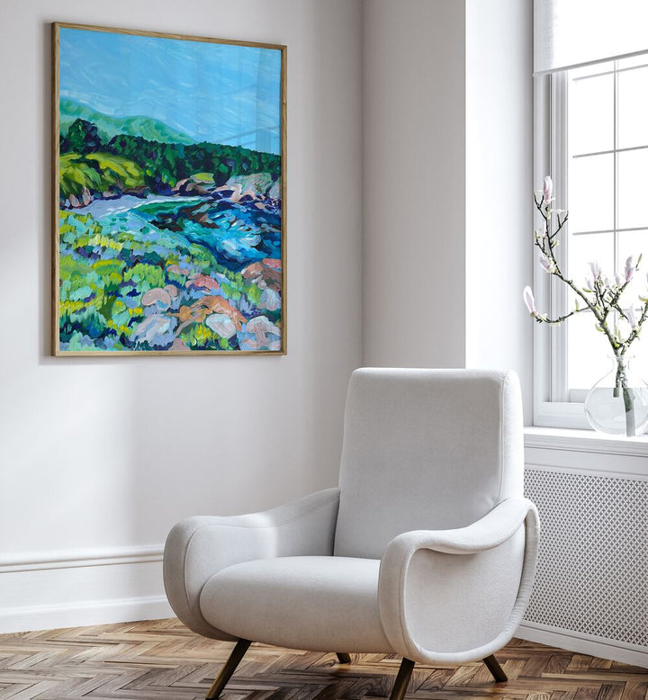 Point Lobos By Key And Sea Creative Landscape Room Art in Oak Wood Plain Frame on a white wall beside a window