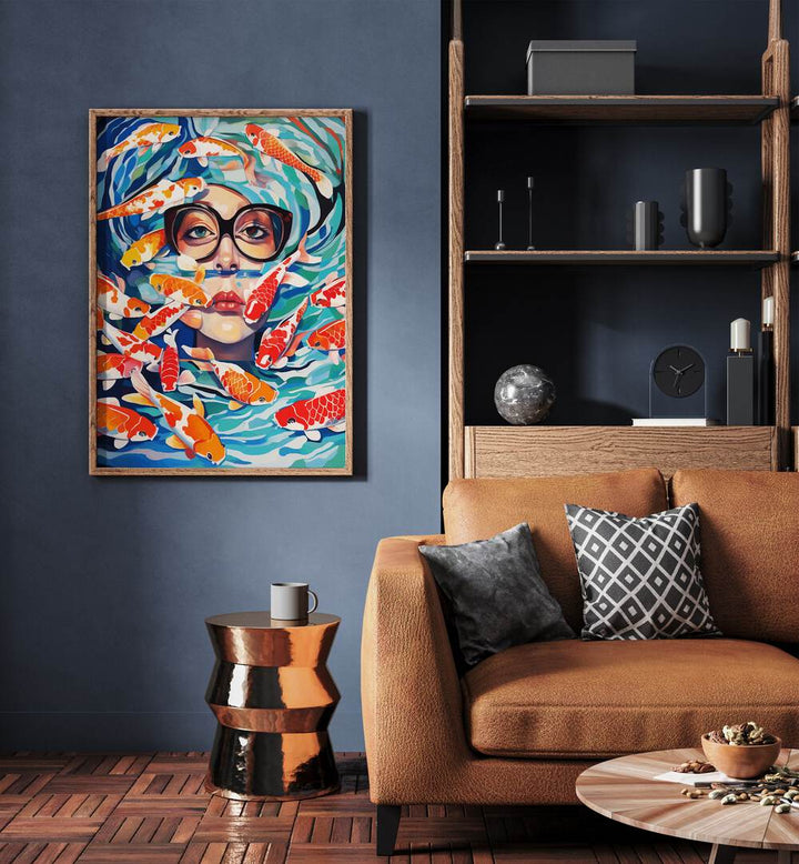 Point Of View By Uma Gokhale Woman Illustration Paintings in Oak Wood Plain Frame on a blue wall beside a sofa