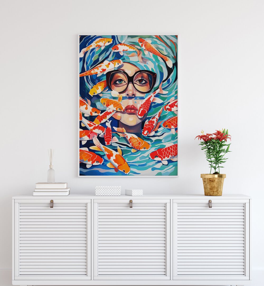 Point Of View By Uma Gokhale Woman Illustration Paintings in White Plain Frame on a white wall above a console table