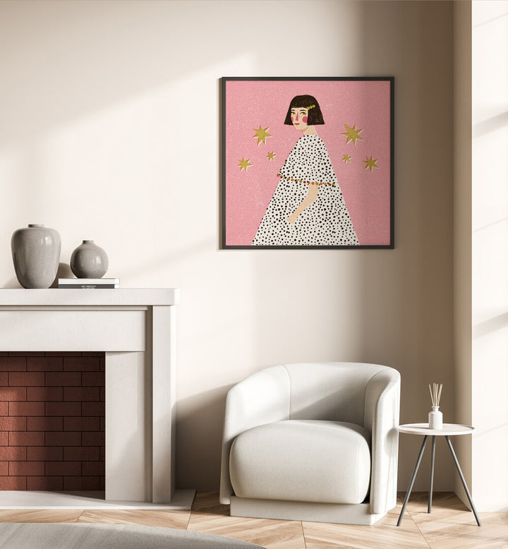 Polka Dots Girl By Julia Leister Women Illustration Paintings in Black Plain Frame on a white wall behind a sofa