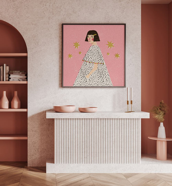 Polka Dots Girl By Julia Leister Women Illustration Paintings in Dark Wood Plain Frame on a pink wall placed above a table