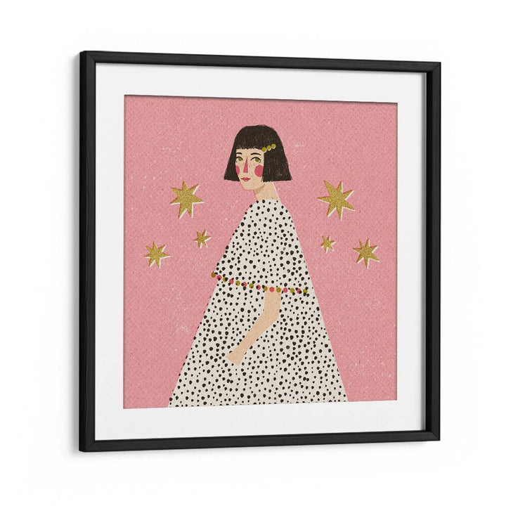 Polka Dots Girl By Julia Leister Women Illustration Paintings in Black Frame With Mount