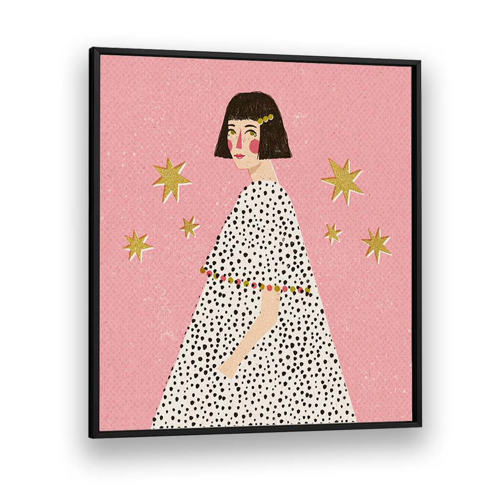 Polka Dots Girl By Julia Leister Women Illustration Paintings in Black Plain Frame