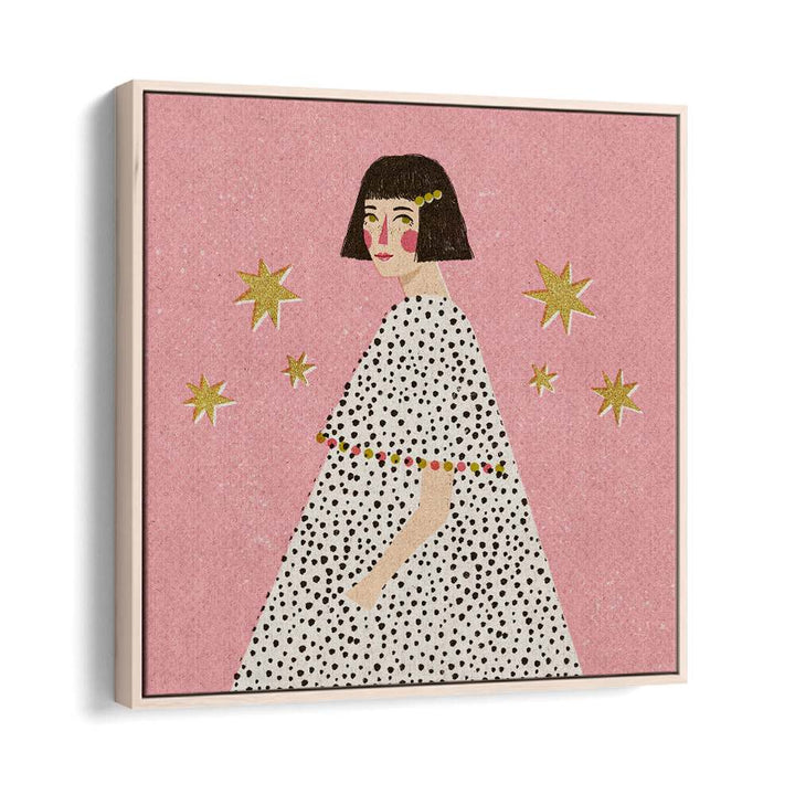 Polka Dots Girl By Julia Leister Women Illustration Paintings in Oak Wood Floater Frame