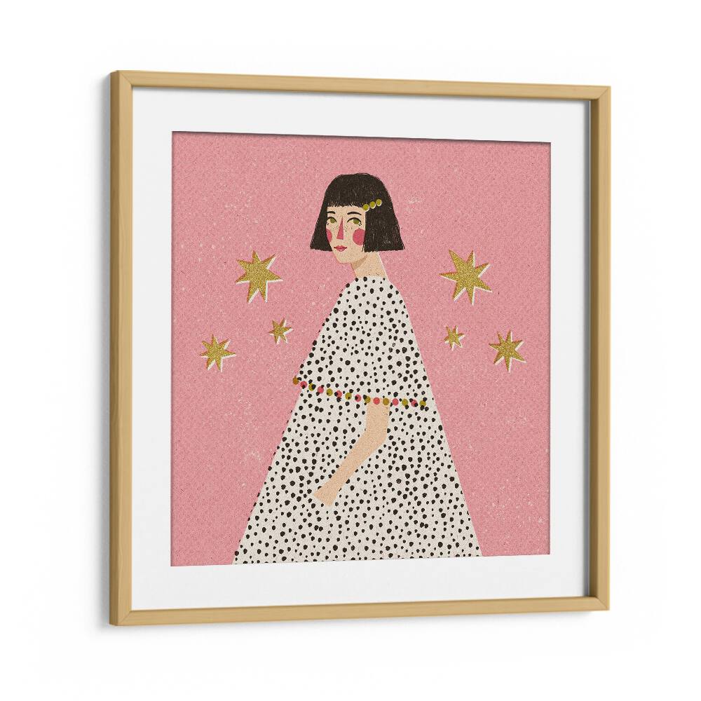 Polka Dots Girl By Julia Leister Women Illustration Paintings in Oak Wood Frame With Mount