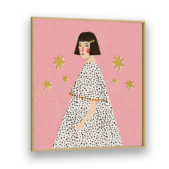 Polka Dots Girl By Julia Leister Women Illustration Paintings in Oak Wood Plain Frame