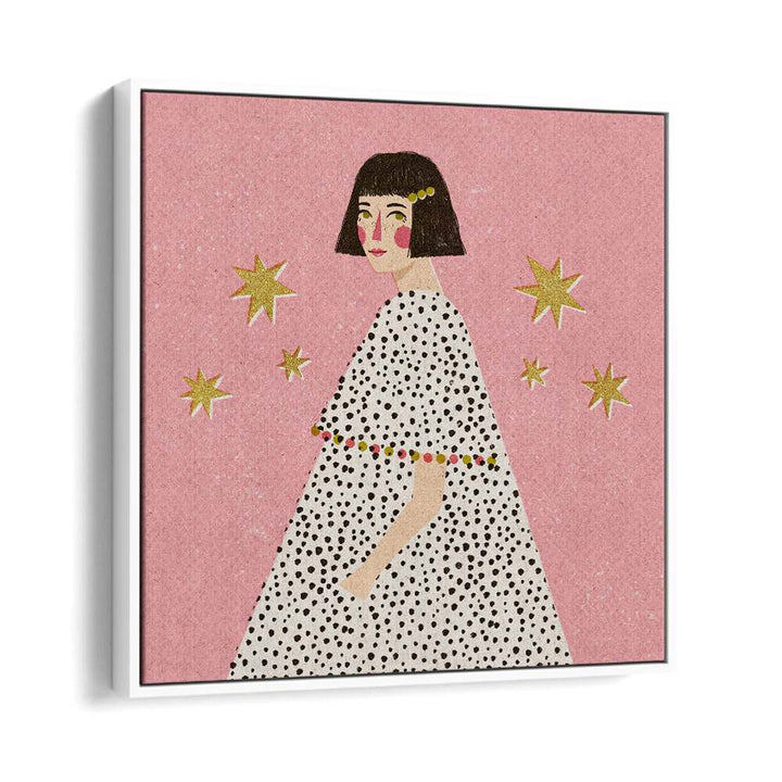 Polka Dots Girl By Julia Leister Women Illustration Paintings in White Floater Frame