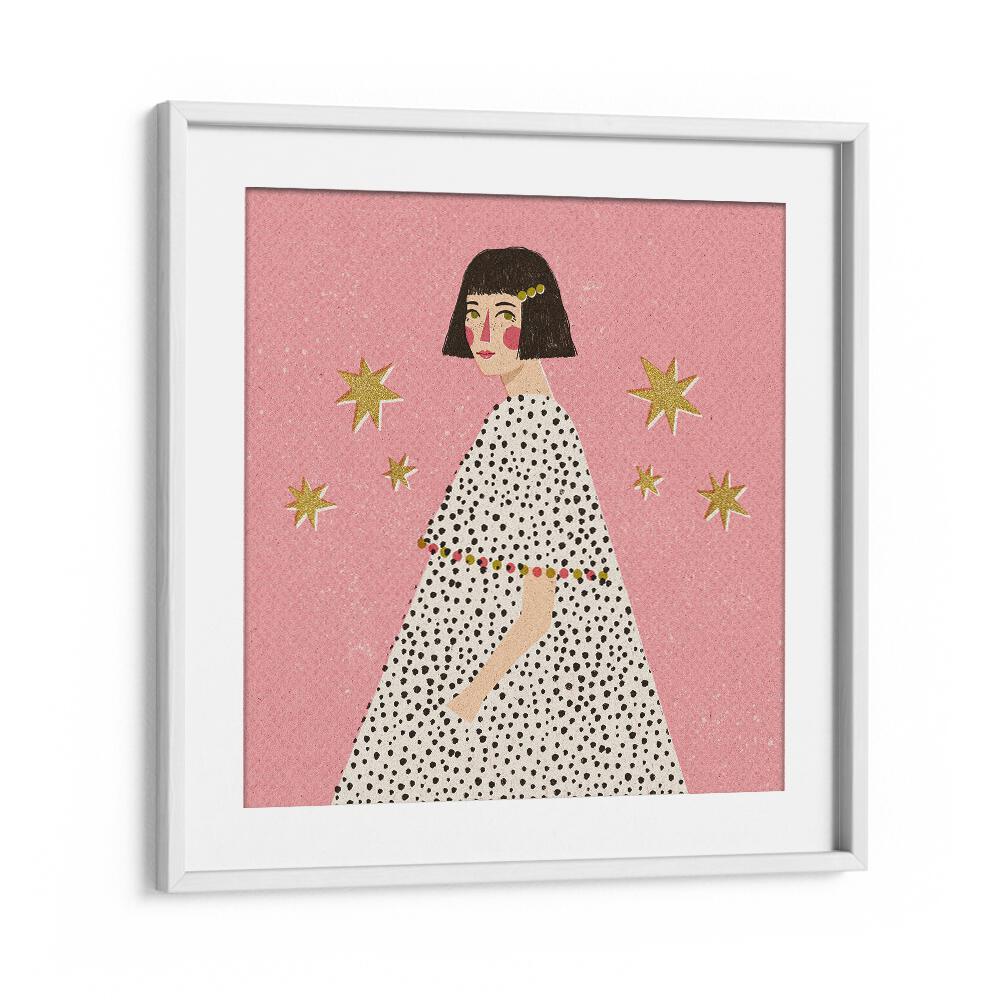 Polka Dots Girl By Julia Leister Women Illustration Paintings in White Frame With Mount