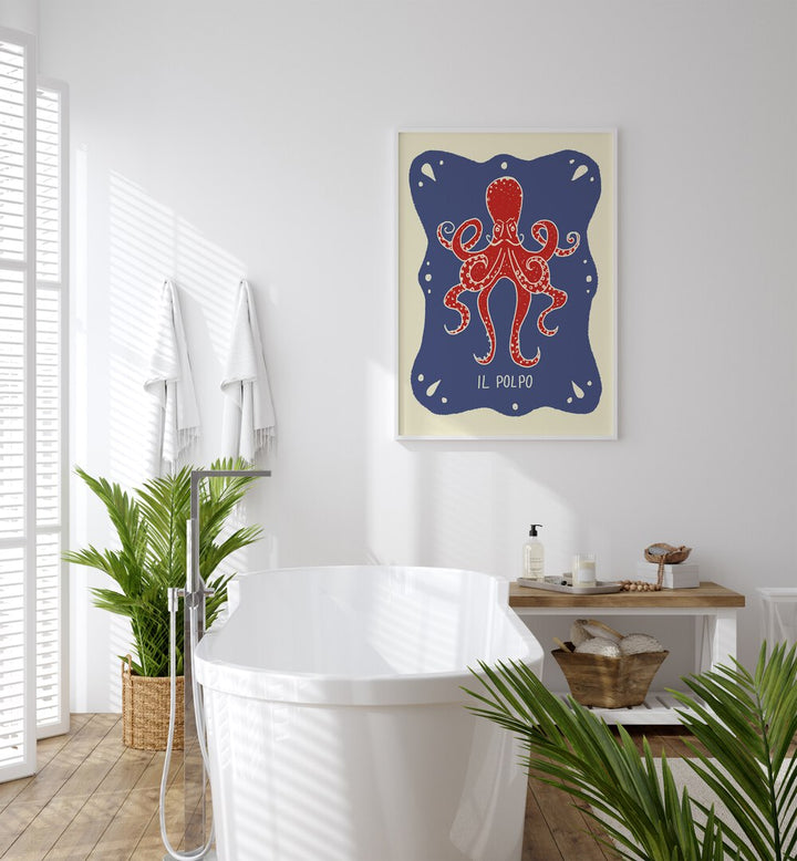 Polpo Up by Studio Dolci Kitchen Posters in White Plain Frame placed on a wall behind a bathtub for bathroom