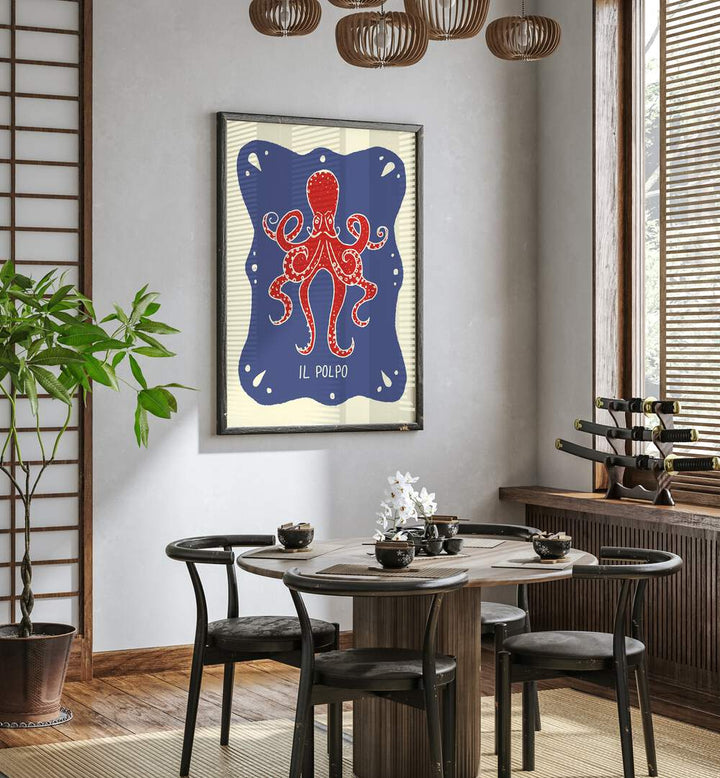 Polpo Up by Studio Dolci Kitchen Posters in Black Plain Frame placed on a wall behind a dining table and beside a window for dining area