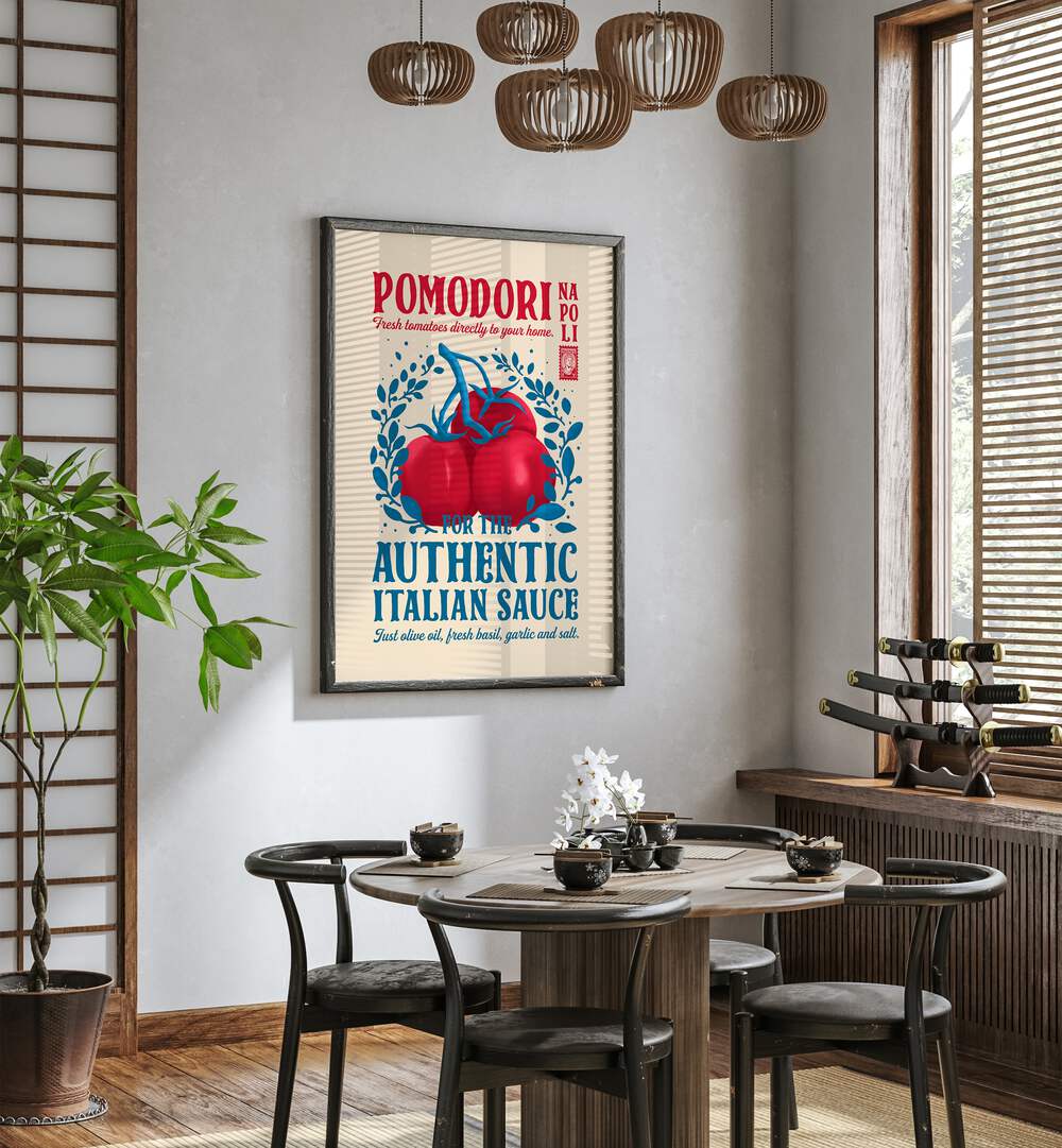 Pomodori Kitchen Print by Studio Mandariini Kitchen Posters Kitchen Art Prints in Black Plain Frame placed on a wall in a dining room area beside a window and behind a dining table