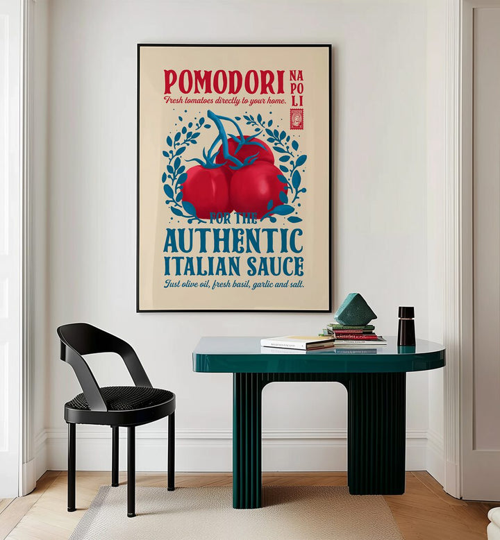 Pomodori Kitchen Print by Studio Mandariini Kitchen Posters Kitchen Art Prints in Black Plain Frame placed on a wall behind a study table