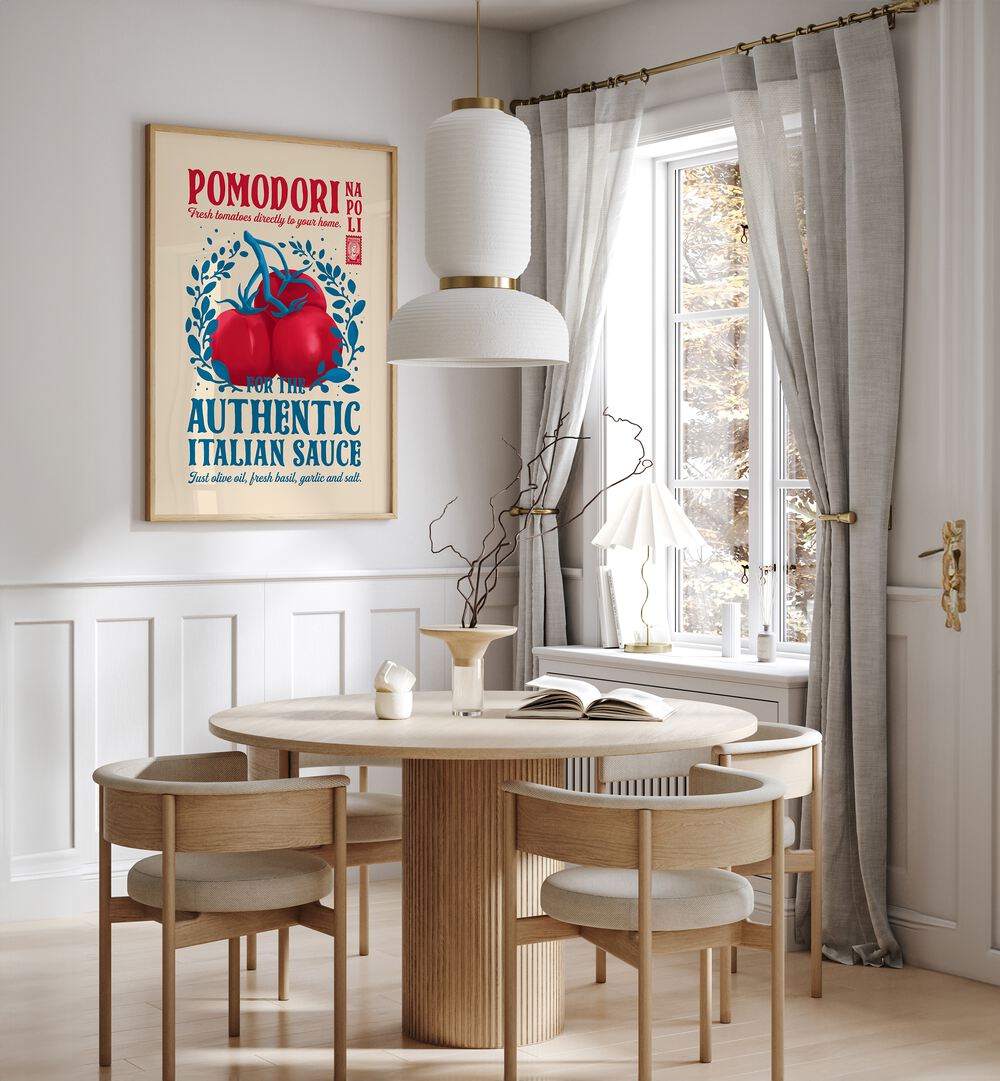 Pomodori Kitchen Print by Studio Mandariini Kitchen Posters Kitchen Art Prints in Oak Wood Plain Frame placed on a wall in a dining room area beside a window and behind a dining table