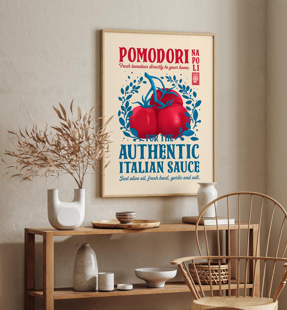 Pomodori Kitchen Print by Studio Mandariini Kitchen Posters Kitchen Art Prints in Oak Wood Plain Frame placed on a wall behind a table