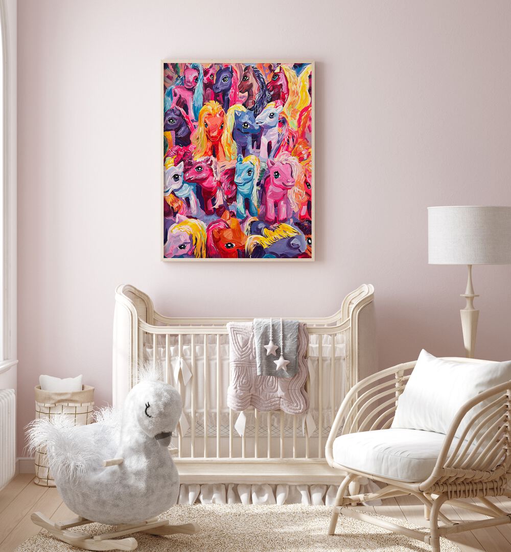 Ponies By Key And Sea Creative Kids Room Art in Oak Wood Plain Frame above a nursery for kids room 