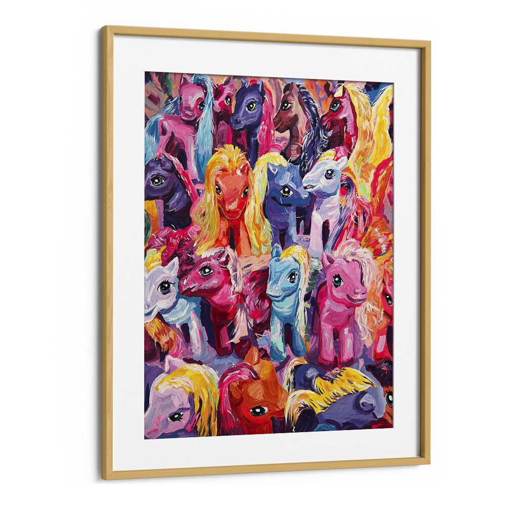 Ponies By Key And Sea Creative Kids Room Art in Oak Wood Frame With Mount