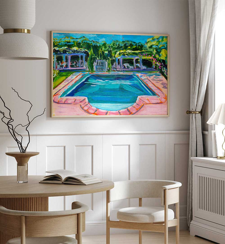 Framed sunlit painting of blue pool and garden in a modern room — POOL AT THE CHÂTEAU , LANDSCAPE PAINTINGS