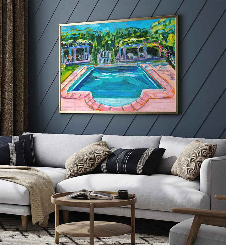 Sunlit château pool painting POOL AT THE CHÂTEAU , LANDSCAPE PAINTINGS enhancing a serene living room setting