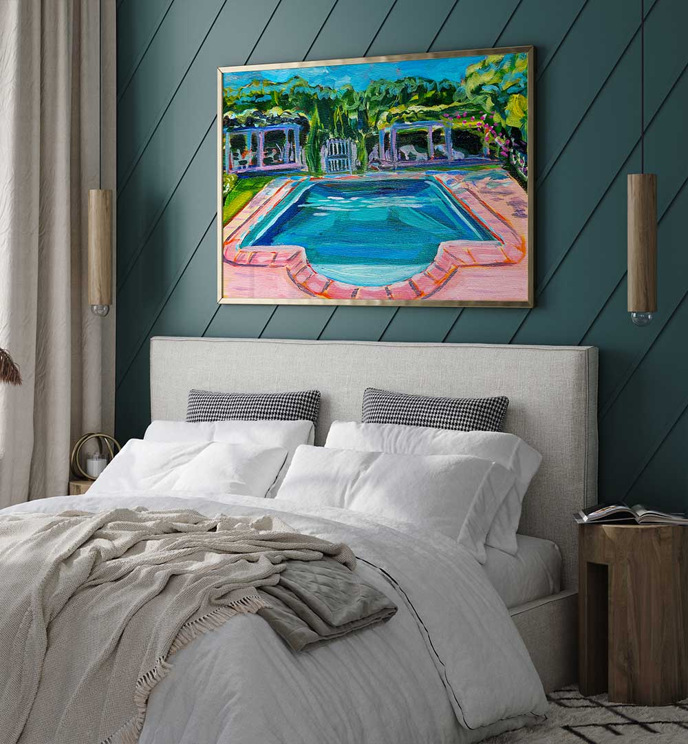 POOL AT THE CHÂTEAU , LANDSCAPE PAINTINGS showing colorful pool and chateau reflections hung above a modern bedroom