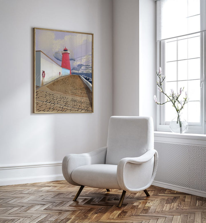 Vibrant POOLBEG LIGHTHOUSE, BEACH PAINTINGS artwork displayed in a modern room, enhancing coastal decor.
