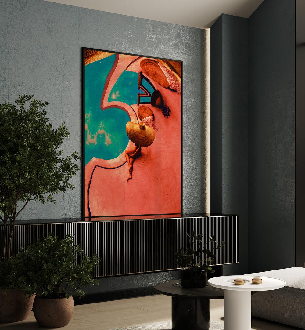 Poolside I By Cosmo Zach Surreal Art Prints Surrealism in Black Plain Frame placed on a black console table