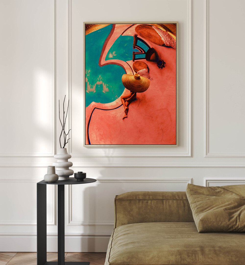 Poolside I By Cosmo Zach Surreal Art Prints Surrealism in Oak Wood Floater Frame placed on a white wall behind a sofa