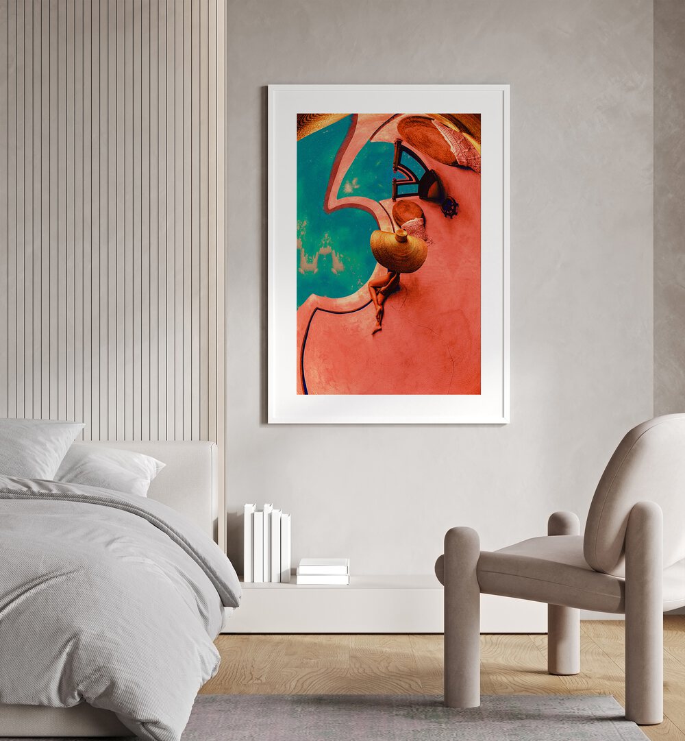 Poolside I By Cosmo Zach Surreal Art Prints Surrealism in White Frame With Mount placed on a bedroom wall beside a bed