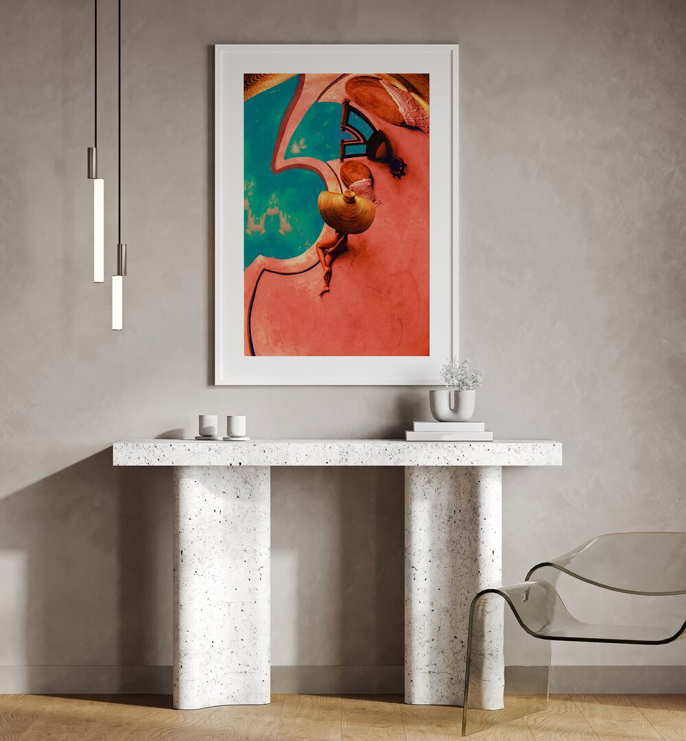 Poolside I By Cosmo Zach Surreal Art Prints Surrealism in White Frame With Mount placed on a wall behind a table