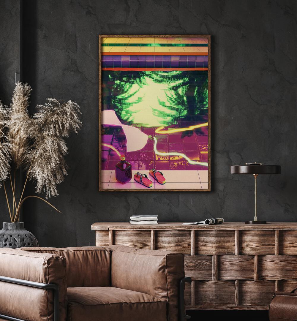 Poolside Ii By Cosmo Zach Surreal Art Prints Surrealism in Oak Wood Plain Frame placed on a wall behind a console table