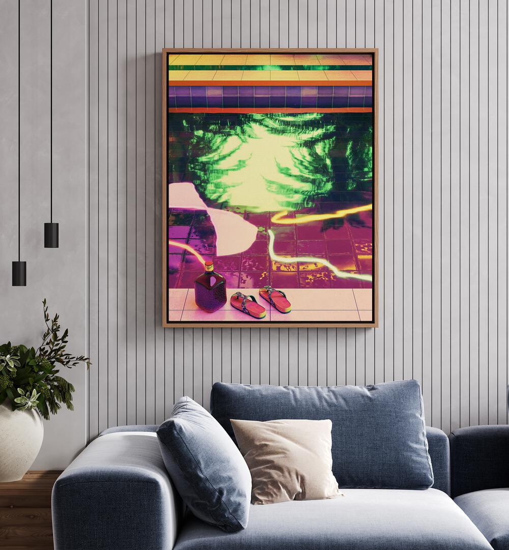 Poolside Ii By Cosmo Zach Surreal Art Prints Surrealism in Oak Wood Floater Frame placed on a wall behind a sofa