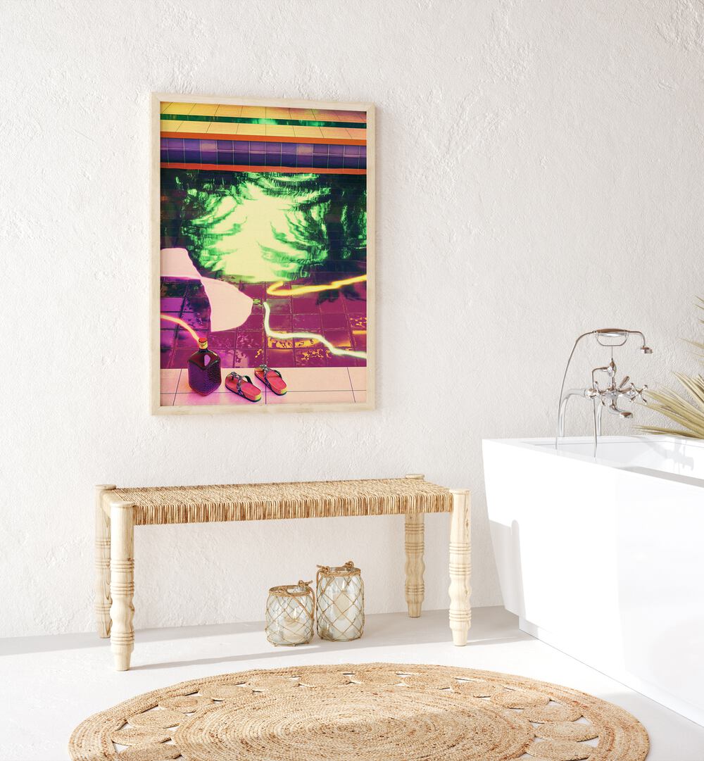 Poolside Ii By Cosmo Zach Surreal Art Prints Surrealism in Oak Wood Plain Frame placed on a bathroom wall beside a bathtub