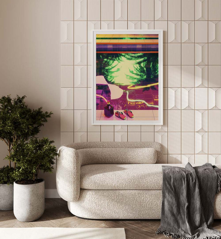 Poolside Ii By Cosmo Zach Surreal Art Prints Surrealism in White Plain Frame placed on a wall behind a sofa