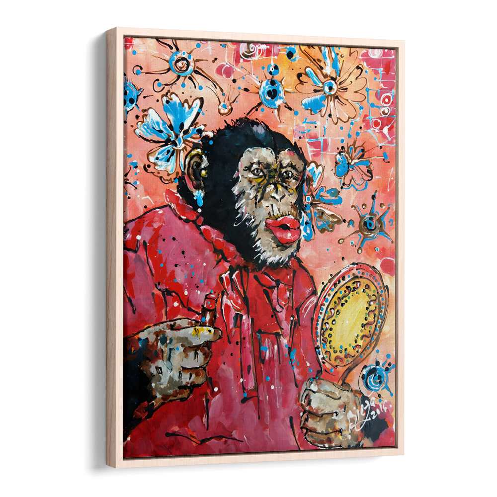 Pop Chimpanzee Pop Art Paintings Pop Art Prints in Oak Wood Floater Frame