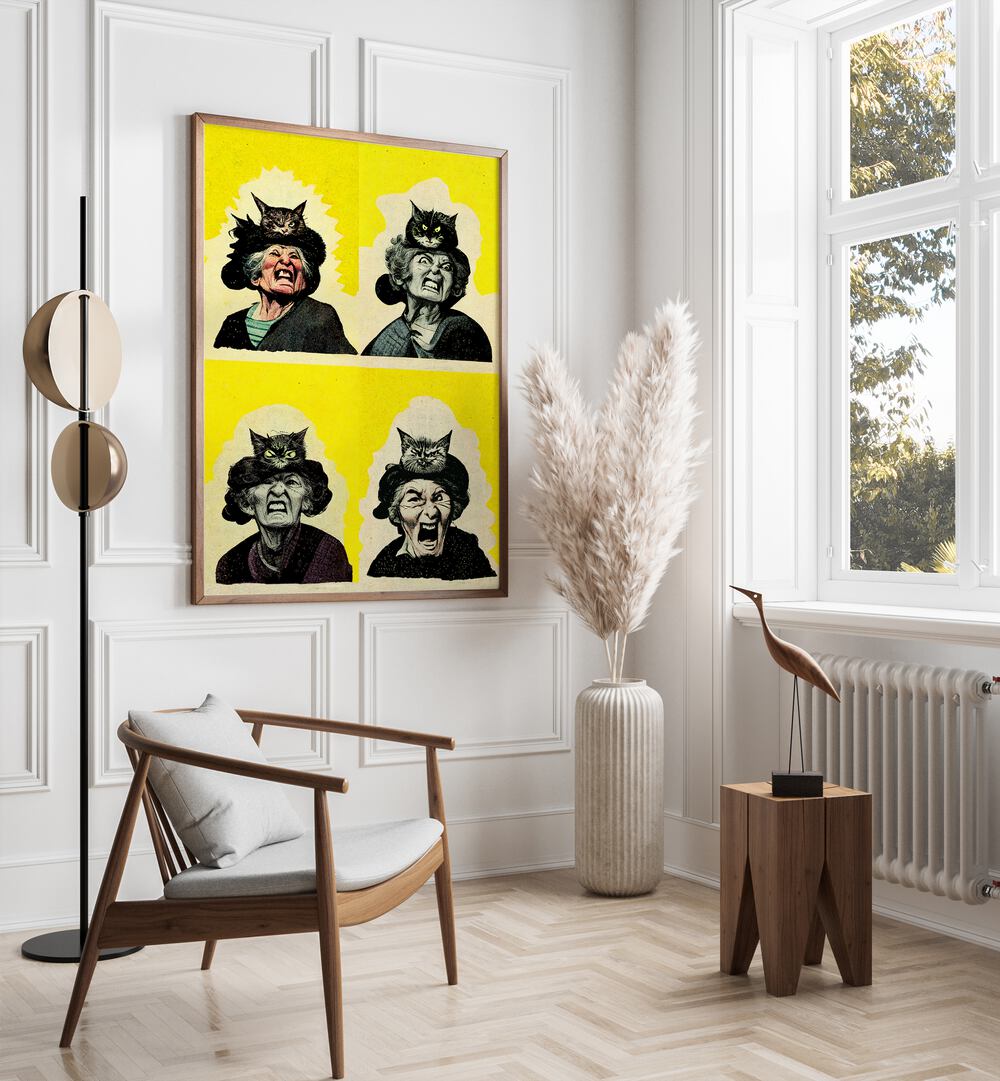 Pop Lady By Treechild Pop Art Prints in Dark Wood Plain Frame placed on a White Colored Wall in the Drawing Room