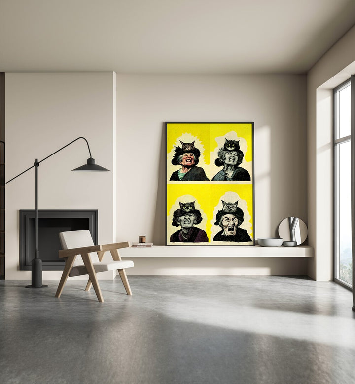 Pop Lady By Treechild Pop Art Prints in Black Plain Frame placed on a Shelf near a Cream Colored Wall in the Drawing Room