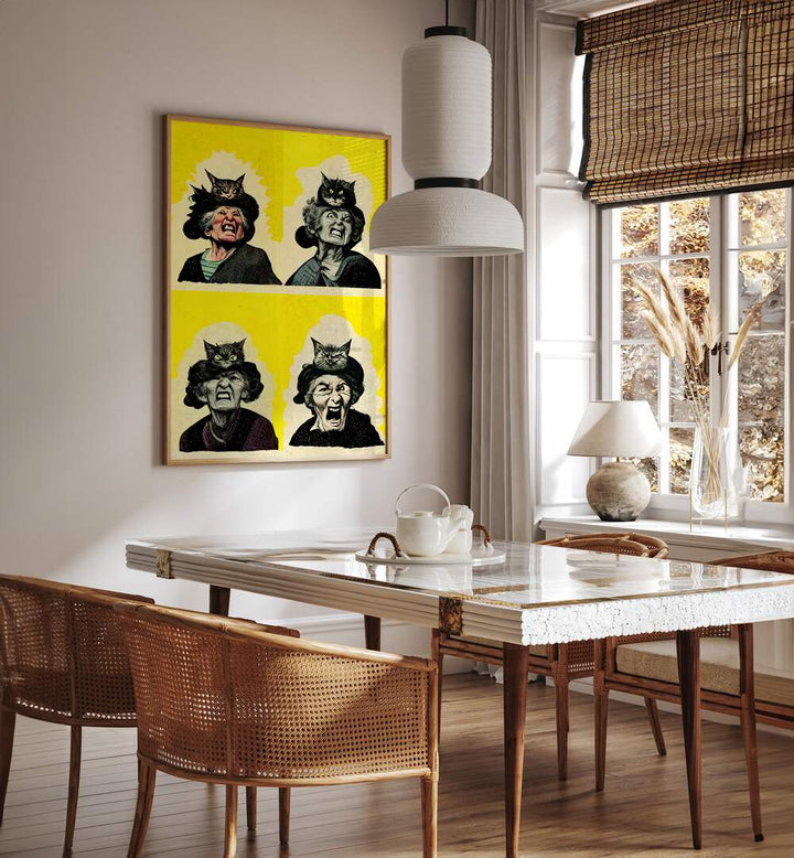 Pop Lady By Treechild Pop Art Prints in Oak Wood Plain Frame placed on a White Colored Wall near a Dining Table in the Dining Room