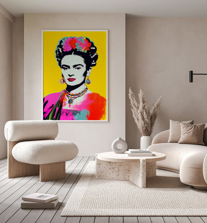 Pop Lady II By Treechild Pop Art Prints in White Plain Frame placed on a Beige Colored Wall in the Living Room