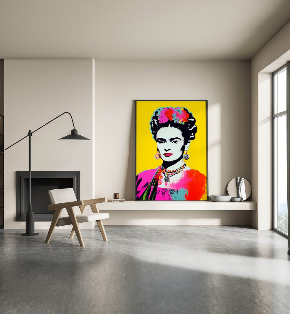 Pop Lady II By Treechild Pop Art Prints in Black Plain Frame placed on a Shelf near a Cream Colored Wall in the Drawing Room