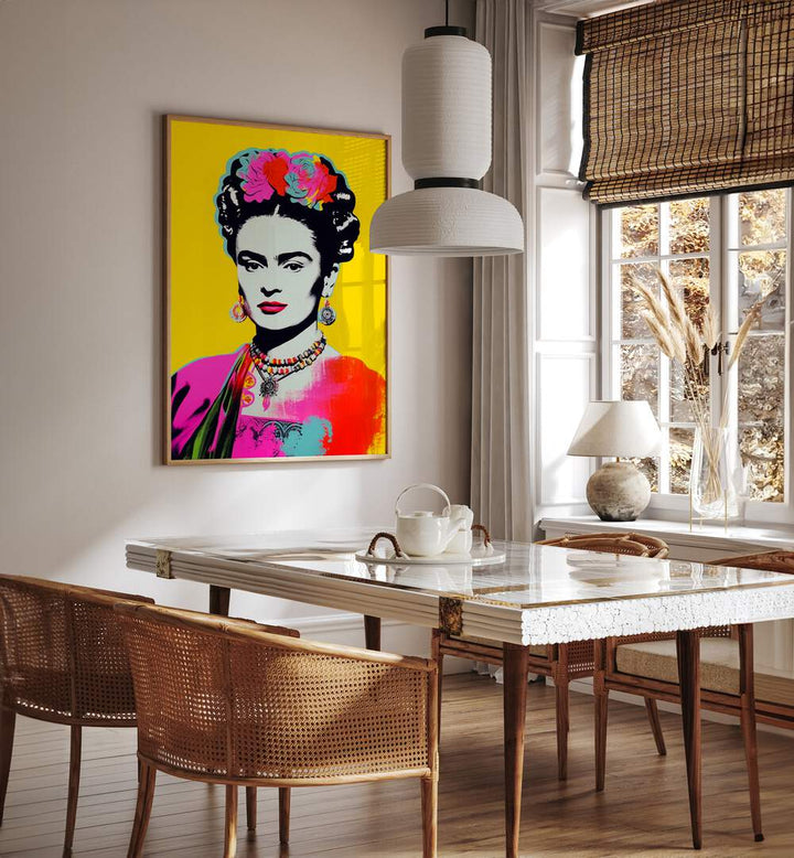 Pop Lady II By Treechild Pop Art Prints in Oak Wood Plain Frame placed on a White Colored Wall near a Dining Table in the Dining Room