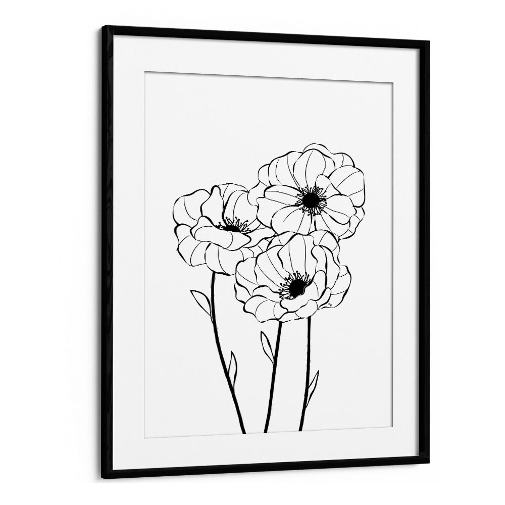 Poppies by Martina Line Art Paintings in Black Frame With Mount