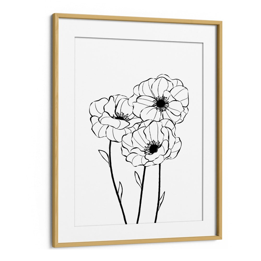 Poppies by Martina Line Art Paintings in Oak Wood Frame With Mount