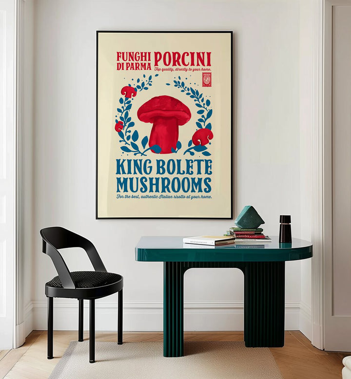 Porcini Kitchen Print by Studio Mandariini Kitchen Posters Kitchen Art Prints in Black Plain Frame placed on a wall behind a study table