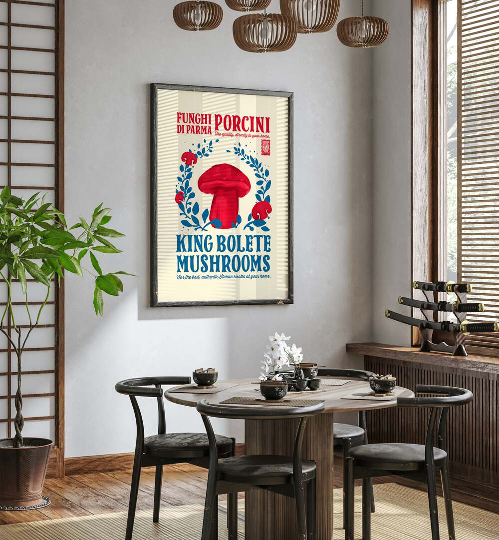 Porcini Kitchen Print by Studio Mandariini Kitchen Posters Kitchen Art Prints in Black Plain Frame placed on a wall in a dining room area beside a window and behind a dining table