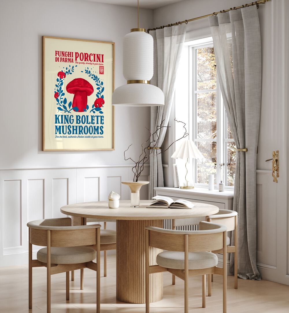 Porcini Kitchen Print by Studio Mandariini Kitchen Posters Kitchen Art Prints in Oak Wood Plain Frame placed on a wall in a dining room area beside a window and behind a dining table