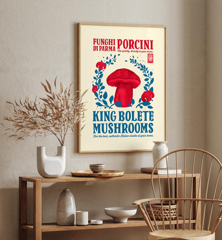 Porcini Kitchen Print by Studio Mandariini Kitchen Posters Kitchen Art Prints in Oak Wood Plain Frame placed on a wall behind a table