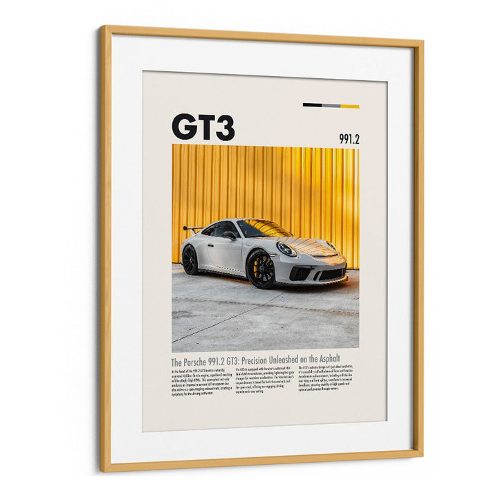 Stunning PORSCHE 991 GT3 car posters in a sleek oak frame, perfect for enhancing your automotive decor.