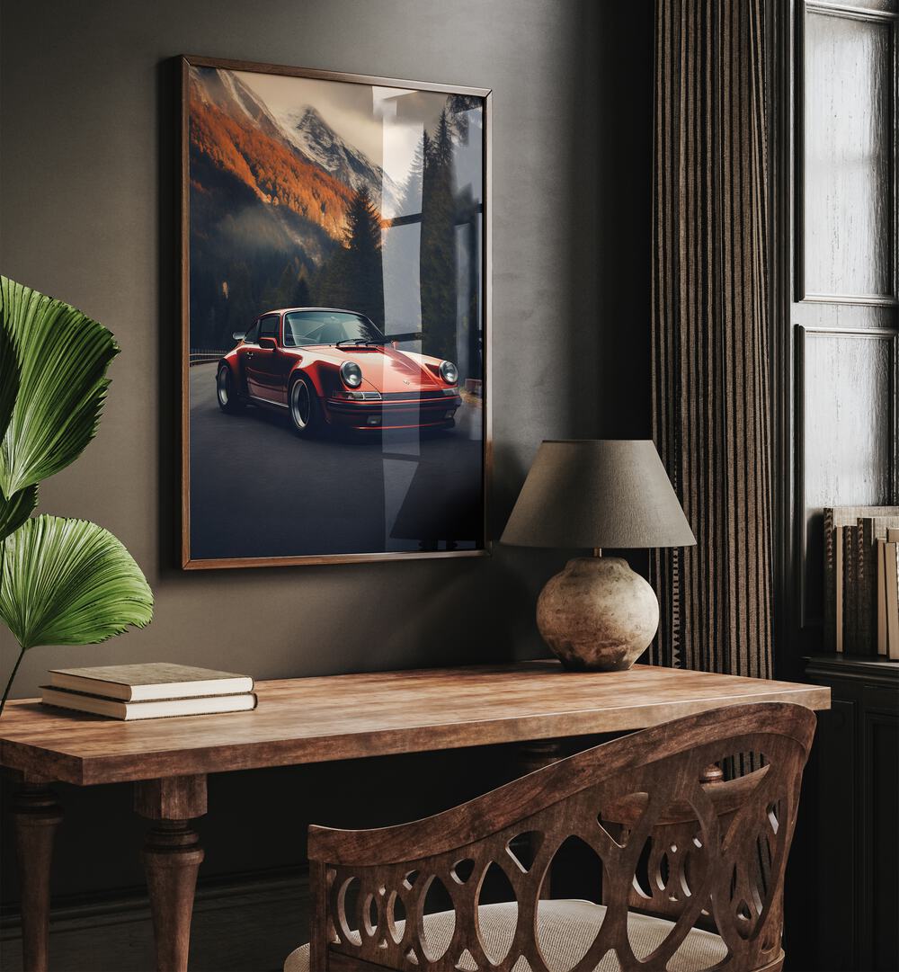Elevate your decor with PORSCHE CREATIVE I, CAR POSTERS showcasing automotive elegance in a stylish setting.