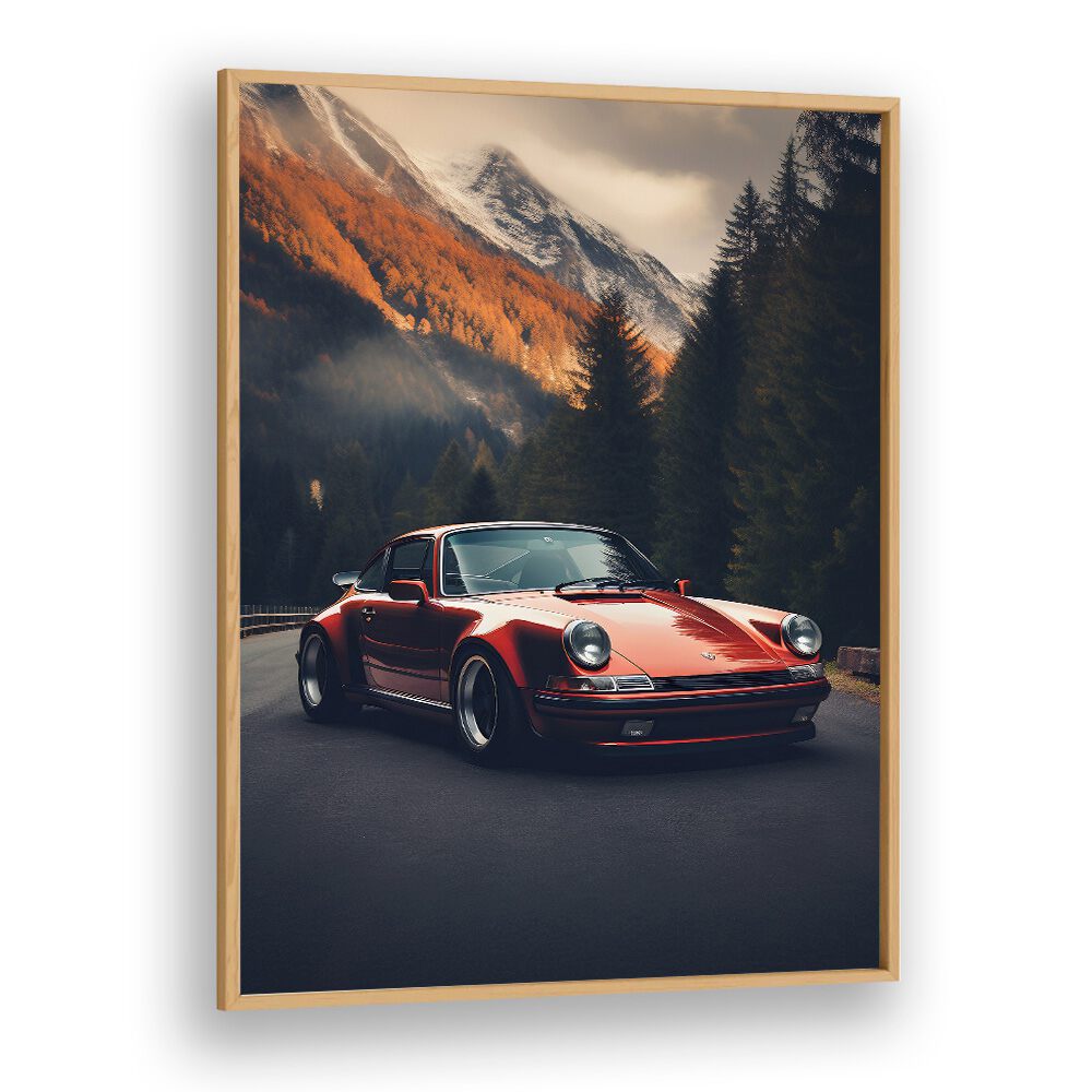 Revitalize your decor with PORSCHE CREATIVE I, CAR POSTERS showcasing a stunning red Porsche against a mountainous backdrop.